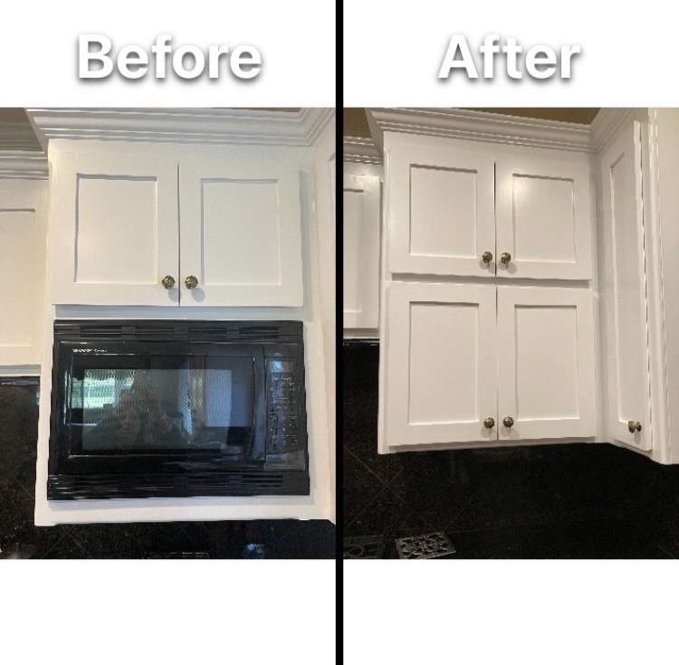 Before and after images of cabinet resizing by Number2Project, displaying enhanced kitchen cabinet doors around an oven.