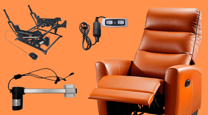 A composition of an orange recliner and various repair parts, showcasing Number2project's expertise in mobile furniture and recliner repair.