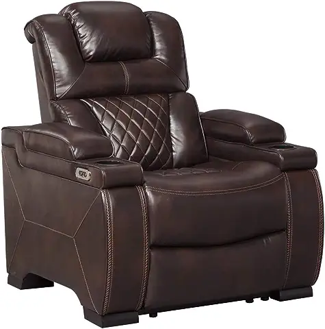 Signature Design by Ashley Warnerton Faux Leather Power Recliner with Adjustable Headrest, Brown