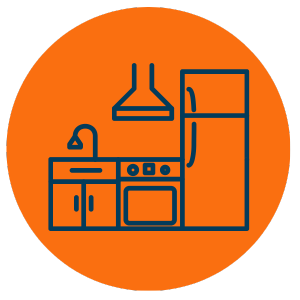 Icon depicting a sleek kitchen setup with a refrigerator, stove, and range hood, symbolizing Number2Project's kitchen installation services.