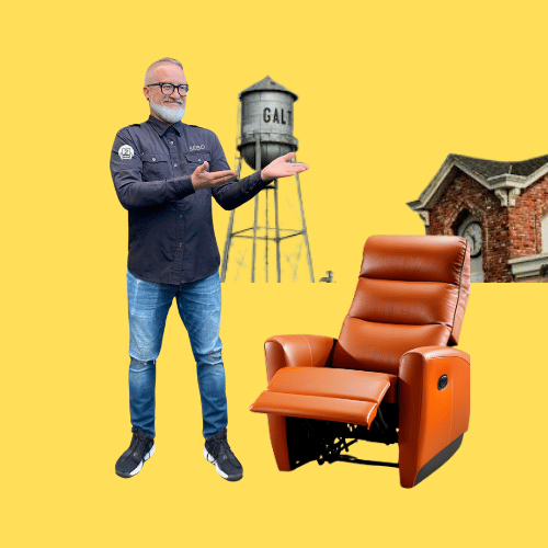 A Number2project Mobile Furniture Repair Technician presenting a recliner chair with a water tower labeled 'GALT' and a brick building in the background, illustrating mobile furniture repair services in Galt, California.