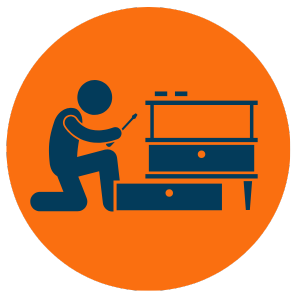 Icon representing Number2Project's mobile furniture repair service with a silhouette of a person fixing a chest of drawers on an orange background.