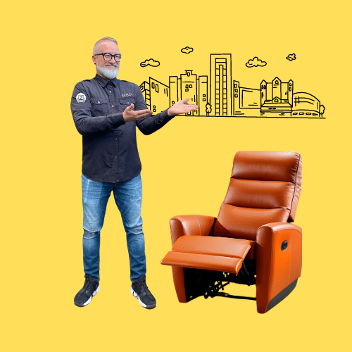 A cheerful Number2project mobile furniture repair owner showcases a modern brown leather recliner, with a simplistic cityscape line drawing of San Jose, California, in the background, set against a yellow backdrop