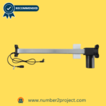 Side profile of MineCtrl RMT Linear Actuator for power recliners, endorsed by Number2project, against a yellow backdrop.