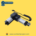 Okin electric actuator motor Model JLDQ.14.B.190.33C, depicted with a black housing, silver shaft, and coiled cord.