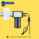 MineCtrl RMT Linear Actuator Model R8123, detailed view with electrical cord, recommended by Number2project on a yellow background.