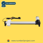 Number2project's recommended Okin power recliner motor with a silver shaft and white couplings, including a black power cord for easy setup.