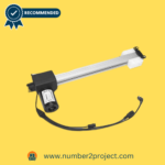 Okin electric recliner motor actuator with connected cables, featuring a compact black housing and silver shaft, recommended by Number2project.