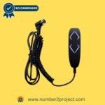 Black ergonomic hand control for a recliner motor with illuminated arrows and a coiled cable, set against a yellow background with a recommendation badge.