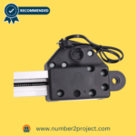 Close-up of the Number2project recliner actuation system with a robust black bracket and silver telescopic shaft, endorsed with a recommended badge.