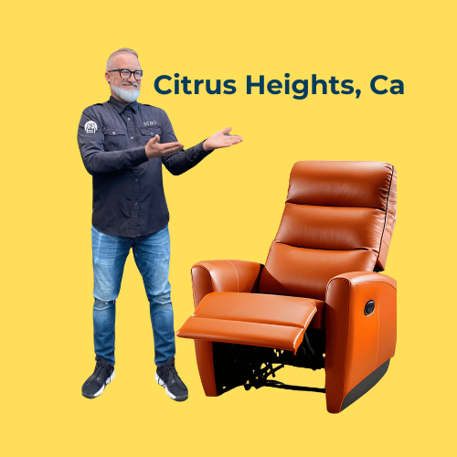 A friendly sofa and recliner repair expert showcasing a leather recliner, with 'Citrus Heights, CA' prominently displayed on a yellow background