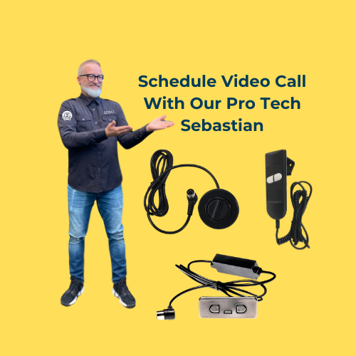 Image featuring a friendly technician, Sebastian, offering a video call for technical assistance, alongside various power recliner parts.