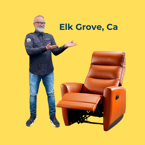 A personable furniture repair technician presents a premium leather recliner in Elk Grove, CA, against a cheerful yellow backdrop.