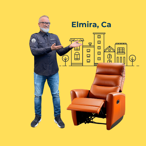 A skilled Number2project technician showcasing a luxurious brown leather recliner in front of a stylized Elmira, CA neighborhood drawing.