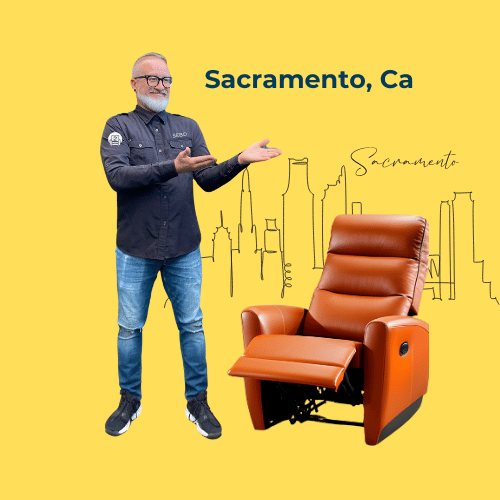 A professional sofa and recliner repair expert stands next to a high-quality leather recliner, with an outline of Sacramento's skyline in the background on a yellow backdrop