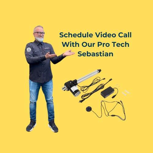 An image of a smiling professional technician named Sebastian gesturing towards an array of recliner motor parts laid out on a yellow background, with text encouraging to schedule a video call for technical support.