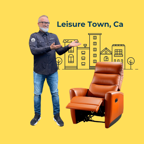 A confident repair expert from Number2project presents a sleek brown leather recliner with a backdrop of Leisure Town, CA line art.