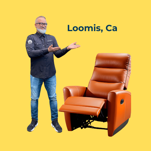 Skilled repair technician showcasing a leather recliner with 'Loomis, CA' text above, set against a sunny yellow backdrop.