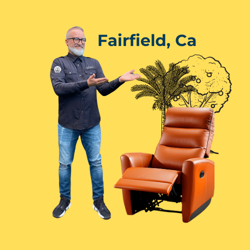 An expert from Number2Project presents a beautifully restored recliner with illustrations of a palm tree and a creative tree, symbolizing a blend of expertise and ingenuity in furniture repair, set against a sunny Fairfield, CA backdrop