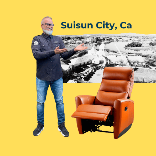 A professional repairman presenting a modern orange recliner, with an aerial view of Suisun City, CA, in the background.