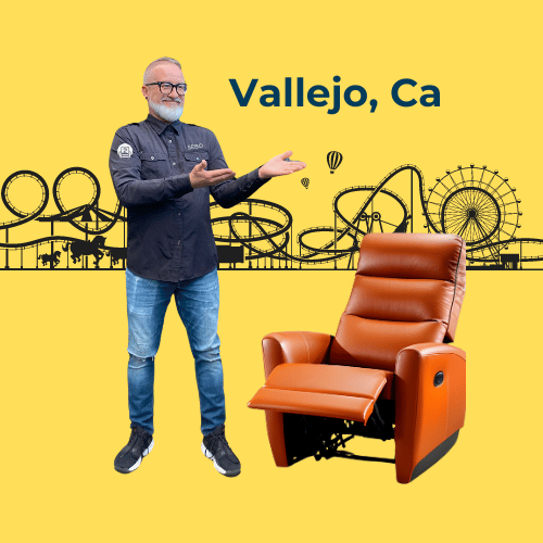 Repair specialist from Number2Project with an orange recliner, amusement park silhouette of Vallejo, CA in the background.