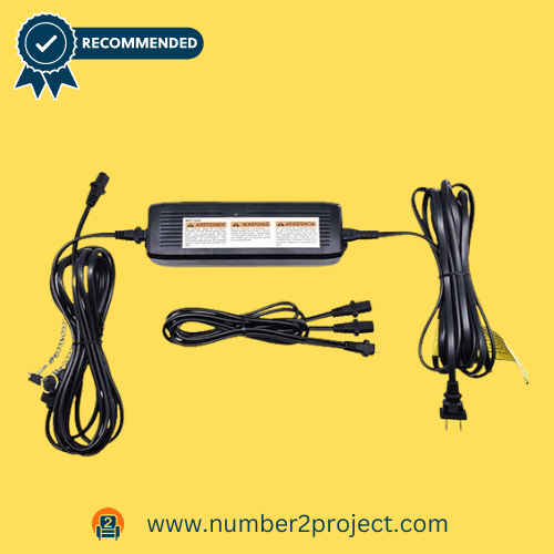 Limoss MC140 Power Recliner Lift Chair Transformer Kit, including a power supply unit and multiple cables, displayed on a yellow background.