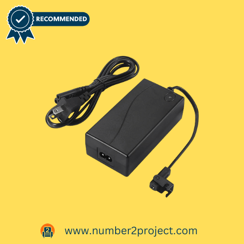Black HWX power supply transformer for lift chairs or power recliners, with an attached power cord and a Recommended badge, against a yellow background with Number2project branding