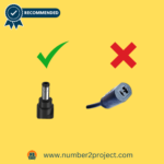 Guide showing correct barrel round connector versus incorrect 2-prong connector for the #308 UpBright DC 29.6V AC Adapter on a yellow background.