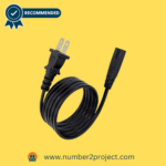 Black extended power cable with a two-prong plug and a female connector, recommended for use with recliners, shown on a yellow background.