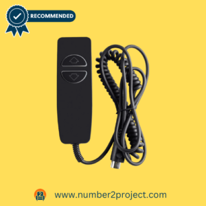 A sleek black recliner remote control with lighted buttons and a coiled cable, highlighted with the 'Recommended' badge and Number2project logo on a bright yellow background.