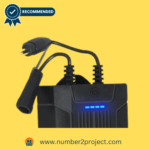 Close-up of the Lavolta 2200mAh rechargeable battery pack for recliners, featuring a 2-pin connector and LED status indicators on a yellow background.