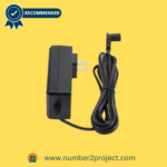 Compact black MineCtrl Model KDDY008F power supply transformer with two-prong plug and long cable, displayed against a yellow background