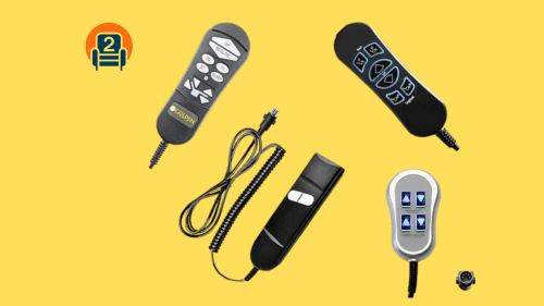 Various recliner remote controllers on a yellow background with Number2project logo.