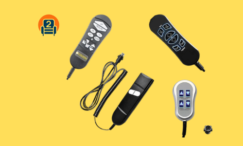 Various recliner remote controllers on a yellow background with Number2project logo.