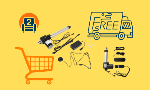 Various recliner parts with shopping cart and free delivery icons on a yellow background with Number2project logo.