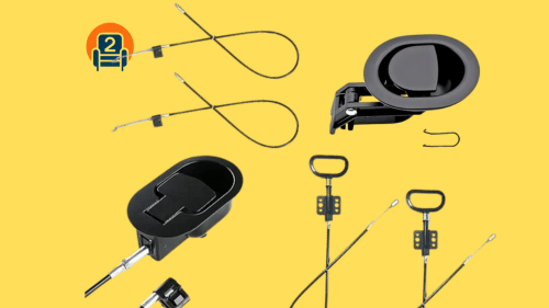 Various manual recliner pull cables and handles on a yellow background with Number2project logo.