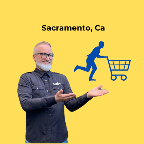 Sebo from Number2project standing beside a shopping cart icon, recommending Upscale Consignment Furniture in Sacramento, CA, for quality used furniture.