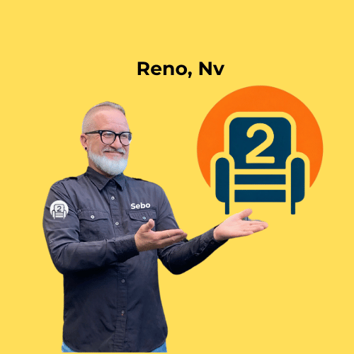 Sebo from Number2project Mobile Furniture Repair pointing at the company logo, advertising sofa and recliner repair services in Reno, NV.