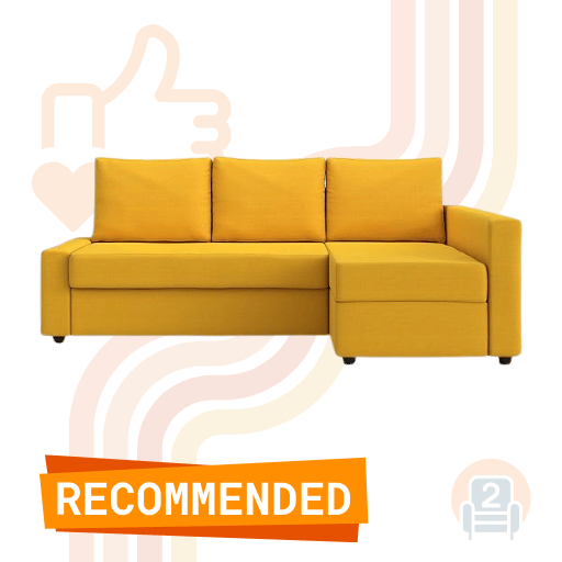 Yellow sofa with a chaise lounge extension, featuring a recommended Ikea sofa cover, with minimalist graphic elements in the background.