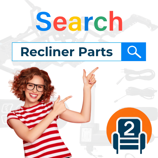 A smiling woman in a red-and-white striped shirt pointing at a search bar labeled "Recliner Parts," with branding for Number2project Recliner Repair Experts. The background shows recliner mechanism parts and an orange recliner icon with the number 2.