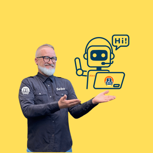 Sebastian introducing Alex, the virtual recliner repair expert, with a friendly "Hi!" on a bright yellow background.