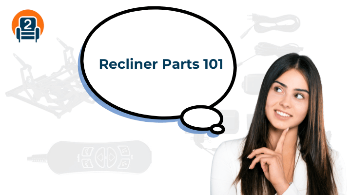 Image of a woman with a thought bubble reading "Recliner Parts 101," featuring recliner components like actuators and remotes in the background.