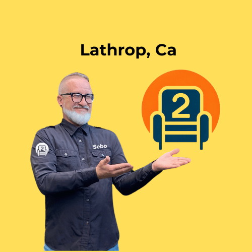 Sebastian in front of a recliner logo with "Lathrop, CA" displayed on a yellow background, offering sofa and recliner repair services.
