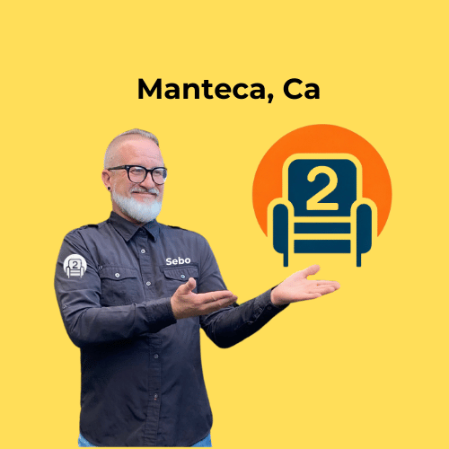 Sebastian presenting the Number2project recliner logo with "Manteca, CA" on a sunny yellow background.