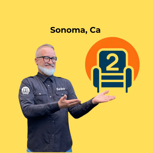 Sebo from Number2project showcasing sofa and recliner repair services in Sonoma, CA, with a bright yellow backdrop and branded logo.