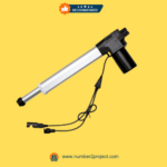 Fruhdi RMT recliner motor actuator model R811A with dual connectors and aluminum extension shaft on yellow background, labeled recommended.