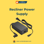 Universal recliner power supply adapter with two cords, including wall plug and 2-prong extension connector, on yellow background labeled "Recliner Power Supply."