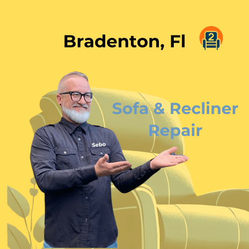 Sebo from Number2Project presenting sofa and recliner repair services in Bradenton, FL, with a sofa backdrop.