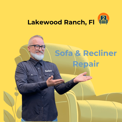Sofa repair technician in front of recliner illustration promoting services in Lakewood Ranch, FL.