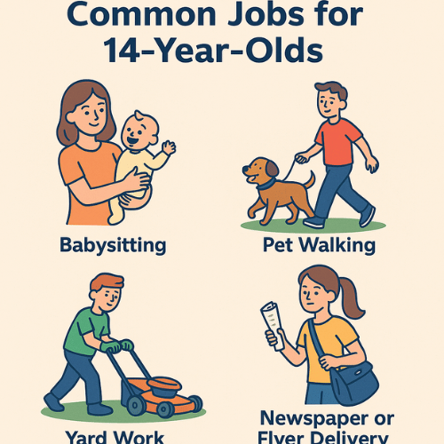 jobs that hire at 14, including babysitting, pet walking, yard work, and newspaper delivery